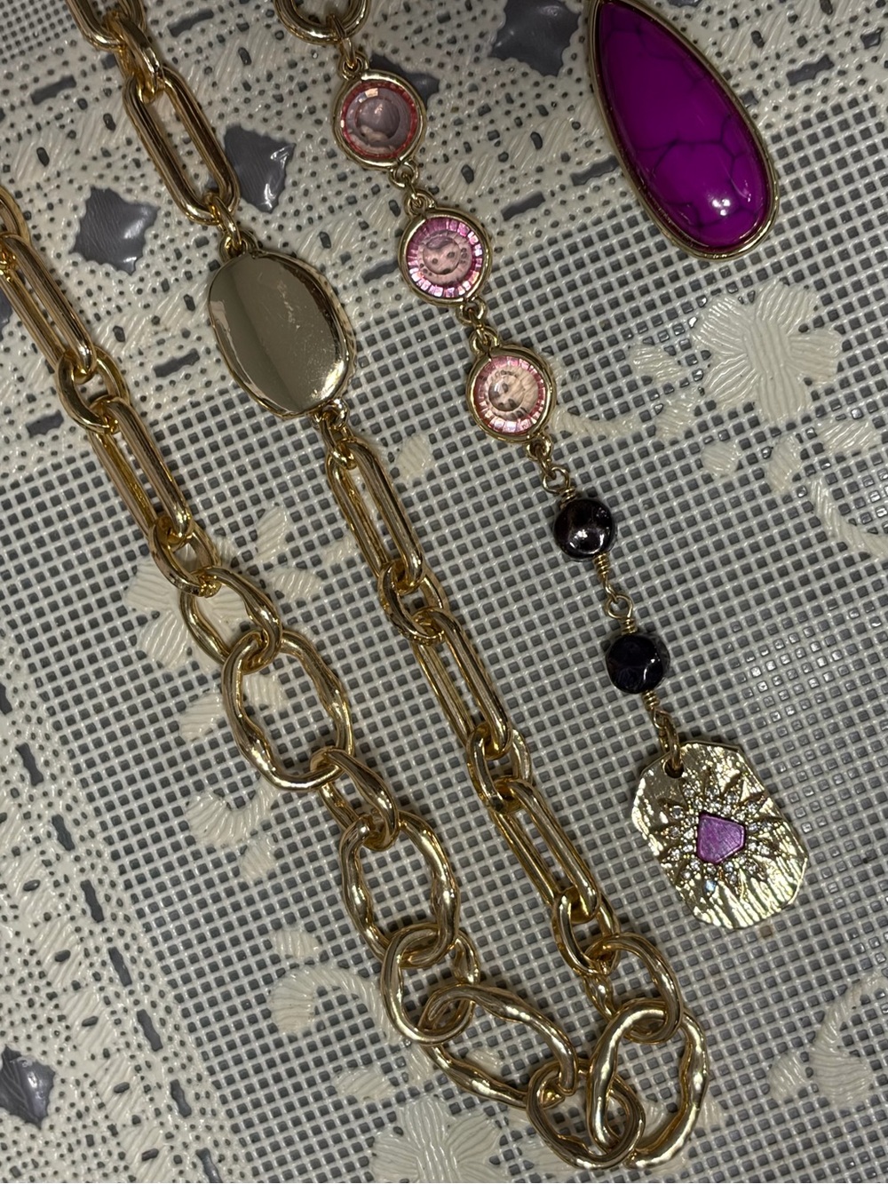 Gold Chain Necklace with Pink Stone Pendant by